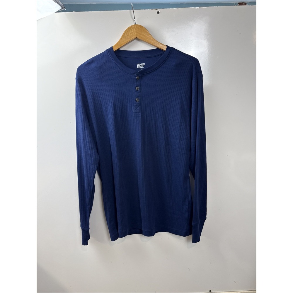 Lands' End Men's Navy Blue Thermal Waffle  Henley Shirt Size M 38-40